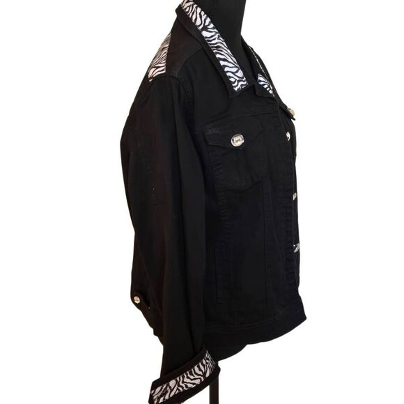 Women's Zebra Print Trim Crystal Button Front Denim Cotton Jacket Black Large - Picture 3 of 11